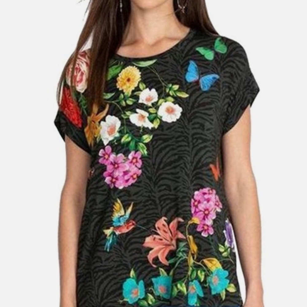 JOHNNY WAS Blooming Breeze Floral Print Crew Neck Relaxed Tee Shirt Size XS